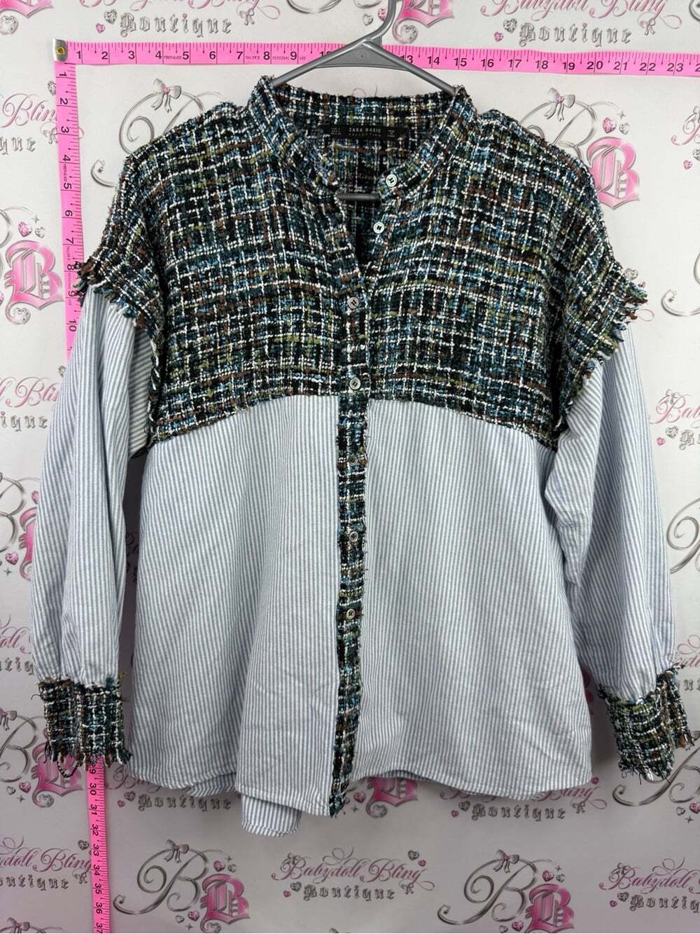 Zara shirt button up patchwork Mixed Tweed & Blue Stripe Button-Up Top